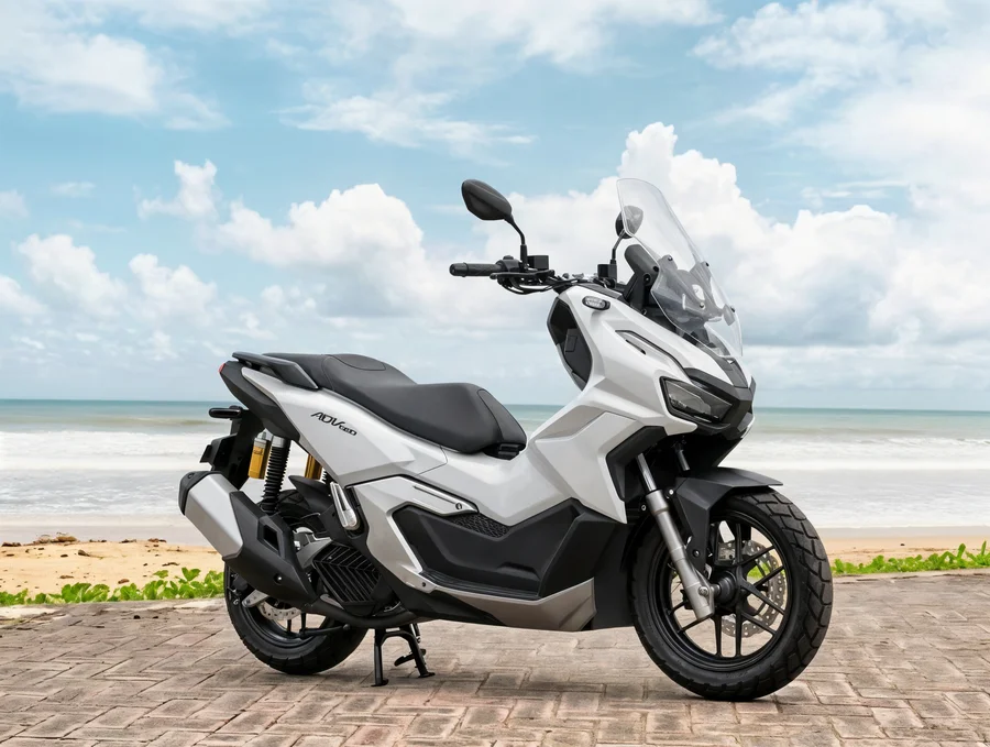 Automatyczna hulajnoga motocyklowa Honda ADV160 w stylu przygodowym z wysoką przednią szybą motocykla, podwyższoną sylwetką i szerokim stopniowanym siedzeniem